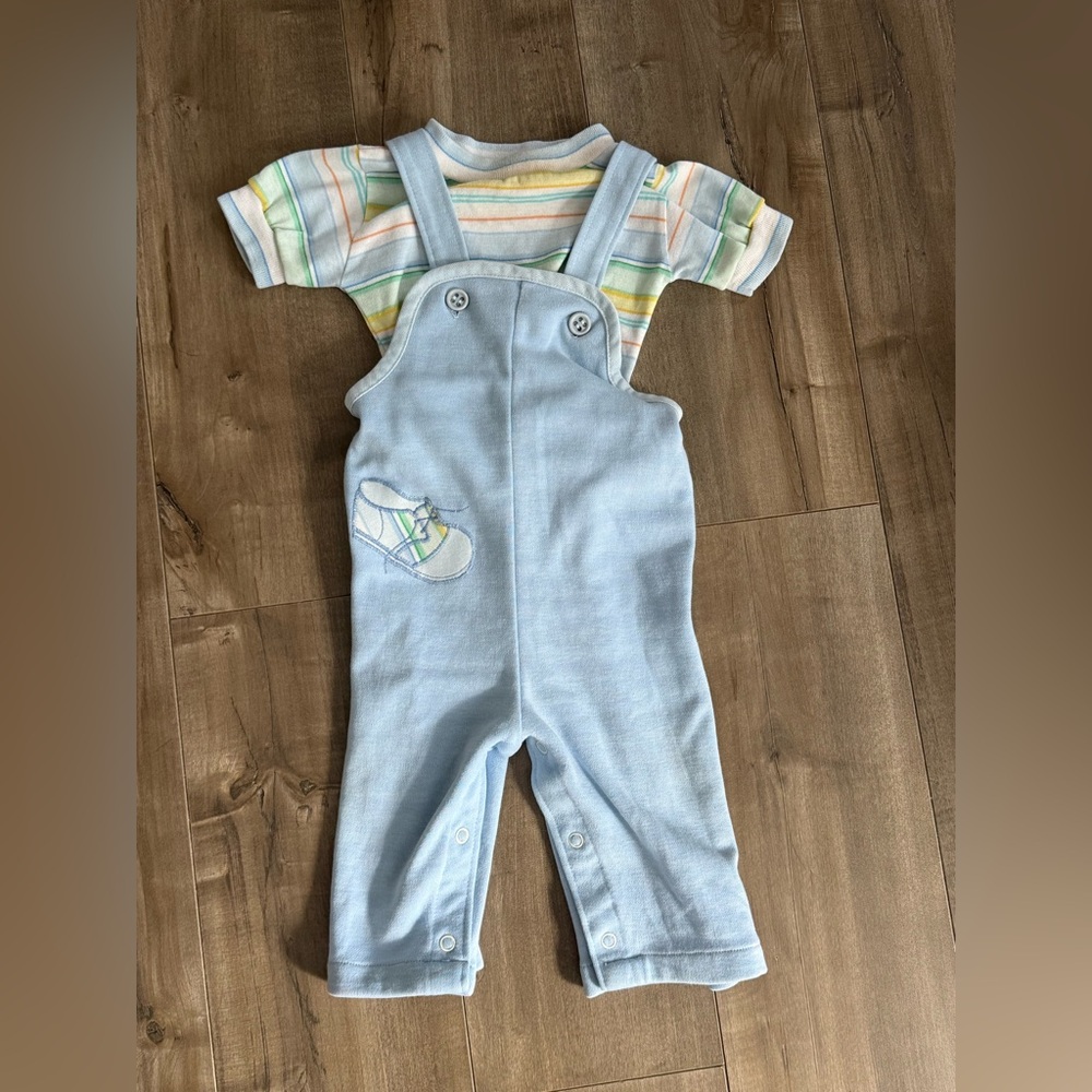 Vintage Health-Tex Overalls Outfit 18 Month Boy Blue Shoe USA Made Striped‎ 90s